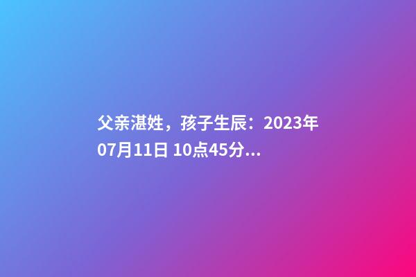 父亲湛姓，孩子生辰：2023年07月11日 10点45分请高手结合五行赐